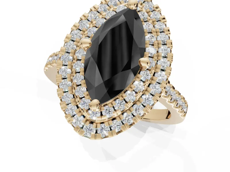 Marquise Double Halo Engagement Ring Setting for a Black Center | Pavé Shoulders | Yellow Gold
