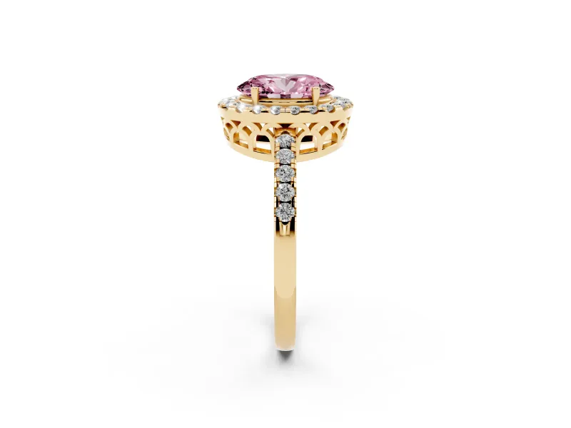 Fancy Pink Oval Cut Diamond Pavé Band Halo Engagement Ring Set in Yellow gold with Prong Setting