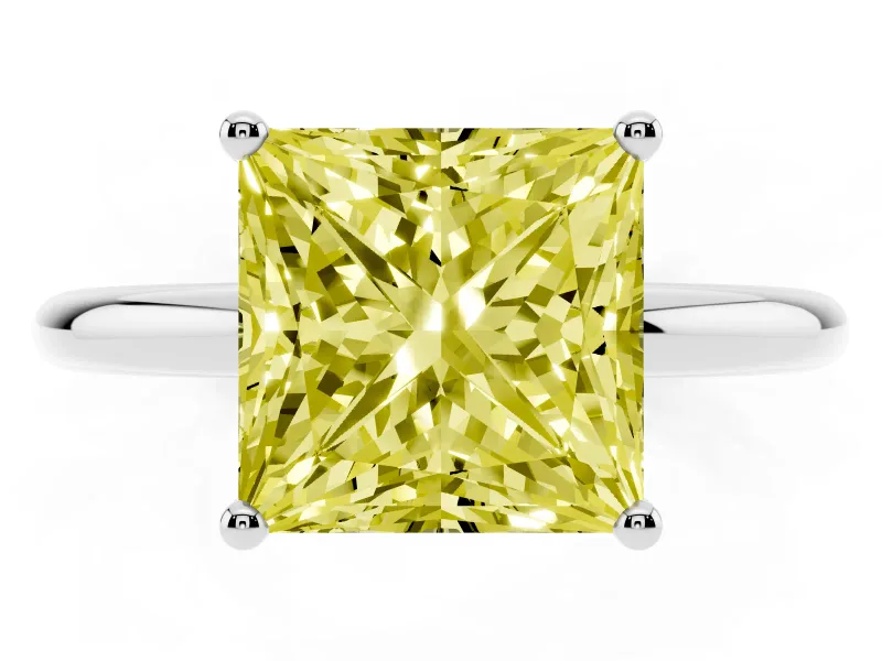 Fancy Yellow Princess Cut Diamond Solitaire Engagement Ring Set in Silver with Prong Setting and Polished Band