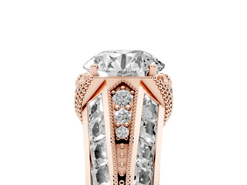 Round Cut Diamond Vintage-Inspired Milgrain Ring Set in Rose gold with Accent Split Shank