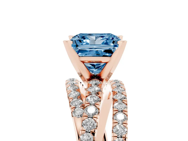 Fancy Blue Princess Cut Diamond Solitaire Twist Band Ring Set in Rose gold with Pavé Setting and Prong Head