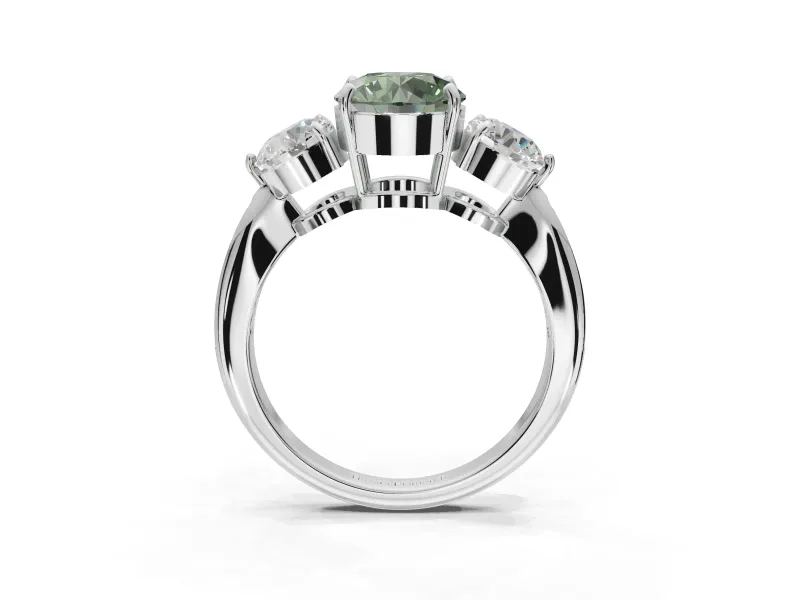Round Three Stone Engagement Ring Setting for a Fancy Green Lab-Grown Diamond | Tapered Pave Band | White Gold