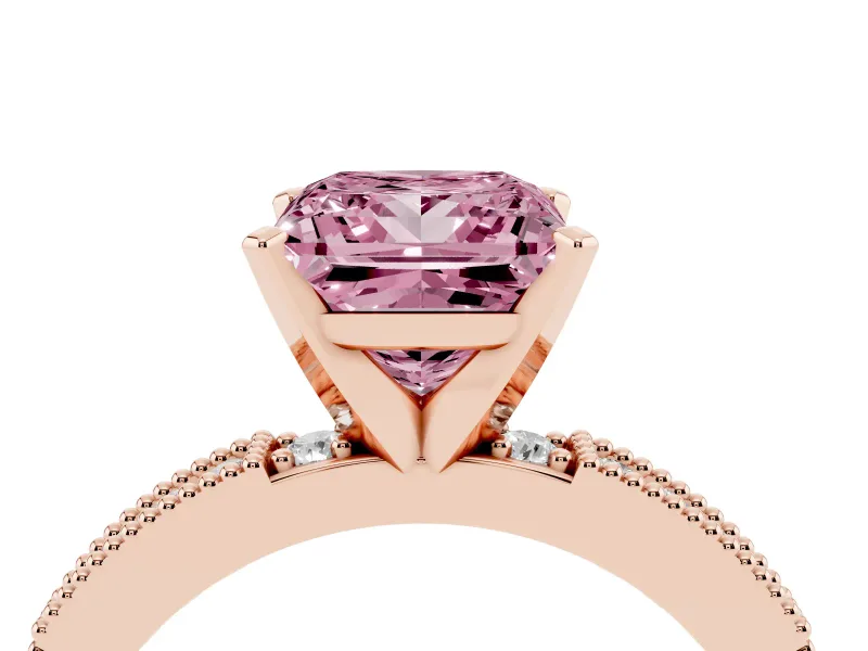 Fancy Pink Princess Cut Diamond Solitaire Ring Set in Rose gold with Slim Pavé Band and Prong Setting