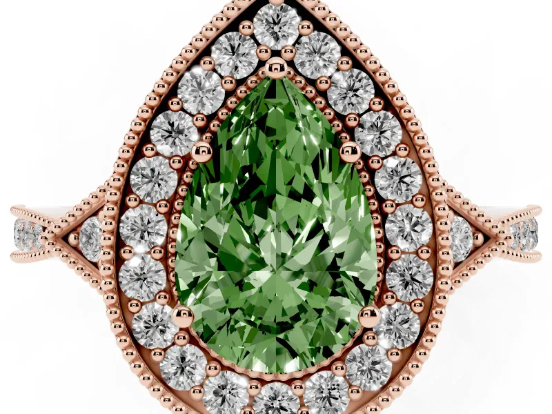 Fancy Green Pear Cut Diamond Halo Engagement Ring Set in Rose gold with Milgrain Pavé Band