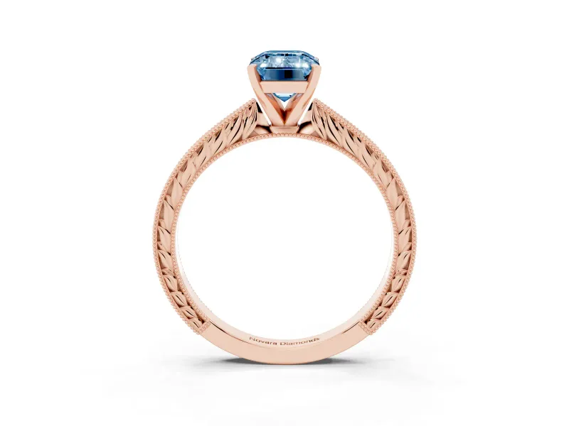 Fancy Blue Emerald Cut Diamond Solitaire Milgrain Engraved Band Set in Rose gold with Prong Setting