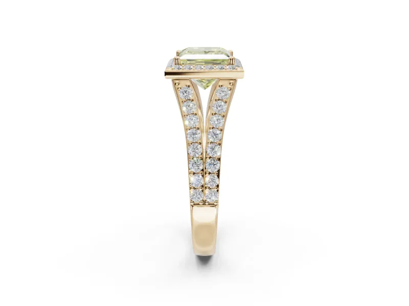 Princess Cut Halo Pavé Engagement Ring Setting for a Fancy Yellow Lab-Grown Diamond | Narrow Split Shank | Yellow Gold
