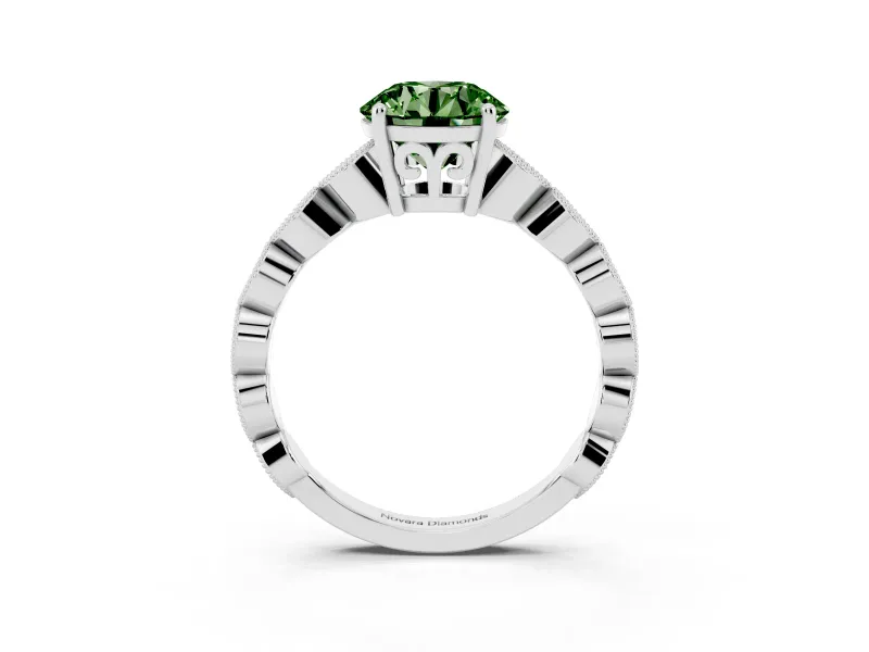 Fancy Green Round Cut Diamond Solitaire Ring Set in Silver with Infinity Twist Pavé Band