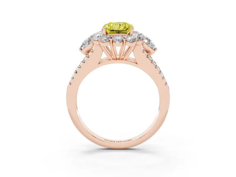 Fancy Yellow Radiant Cut Diamond Halo Split Shank Engagement Ring Set in Rose gold with Prong-Held Center Stone