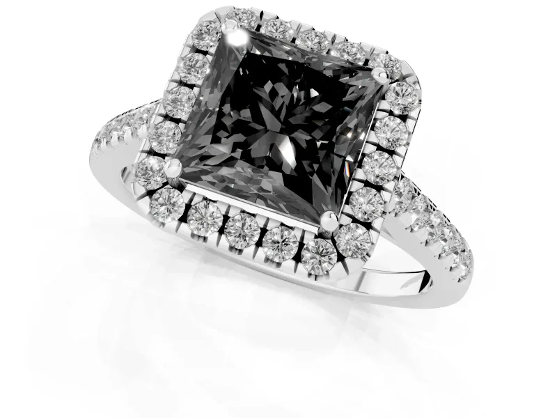 Princess Cut Halo Engagement Ring Setting for a Black Center | Pavé Shoulders | White Gold