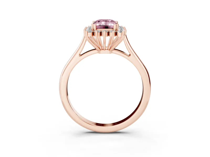 Fancy Pink Emerald Cut Diamond Halo Ring Set in Rose gold with Plain Solitaire Band and Prong Setting