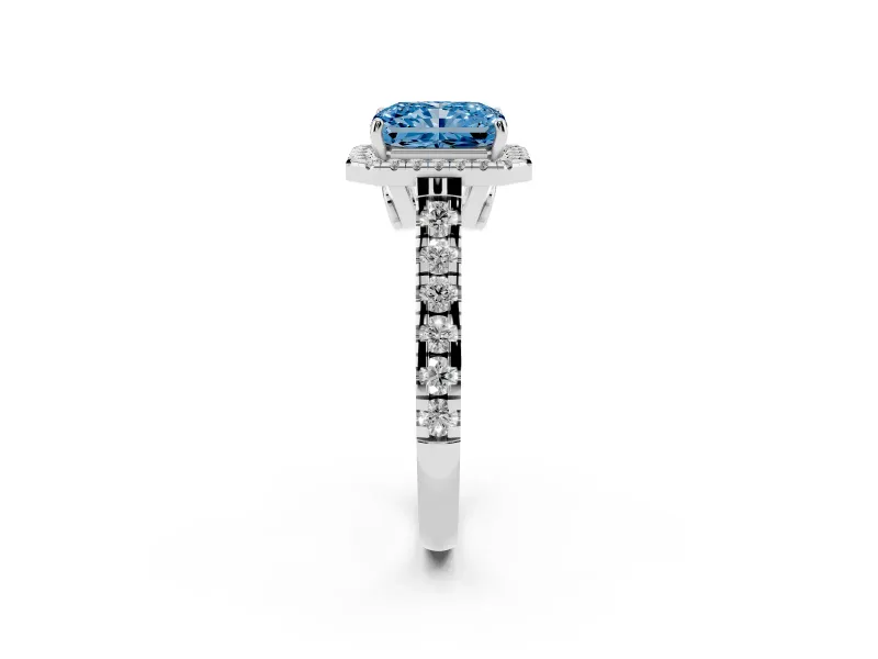 Radiant Cut Halo Engagement Ring Setting for a Fancy Blue Lab-Grown Diamond | Shared Prong Shoulders | Sterling Silver