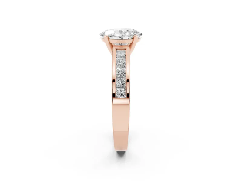 Oval Cut Diamond Solitaire Ring Set in Rose gold with Channel-Set Band and Prong Setting
