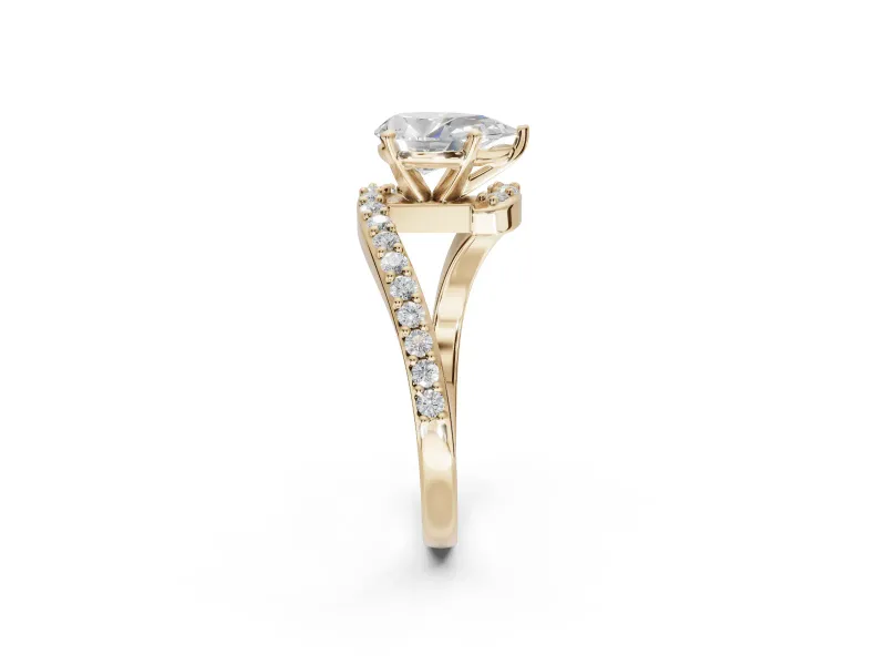 Pear-Shaped Bypass Pavé Solitaire Engagement Ring Setting | Swirl Band | Yellow Gold