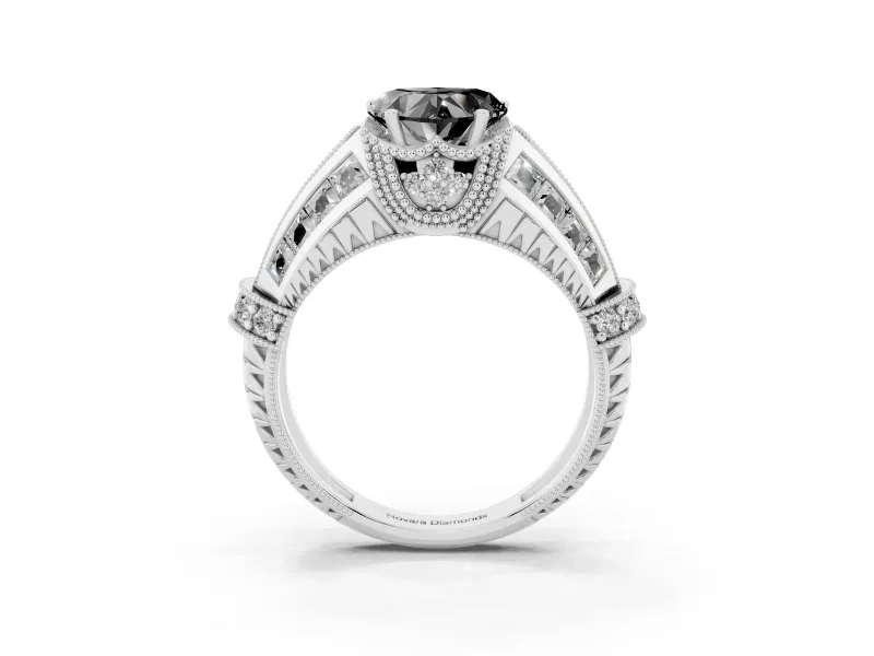 Fancy Black Heart Cut Diamond Vintage-Inspired Milgrain Ring Set in Platinum with Accent Split Shank