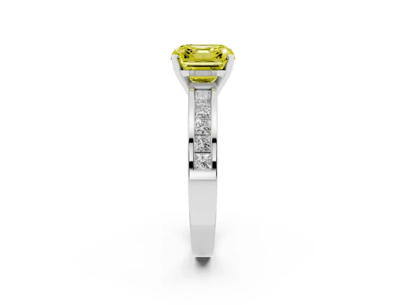 Fancy Yellow Asscher Cut Diamond Solitaire Ring Set in White gold with Channel-Set Band and Prong Setting