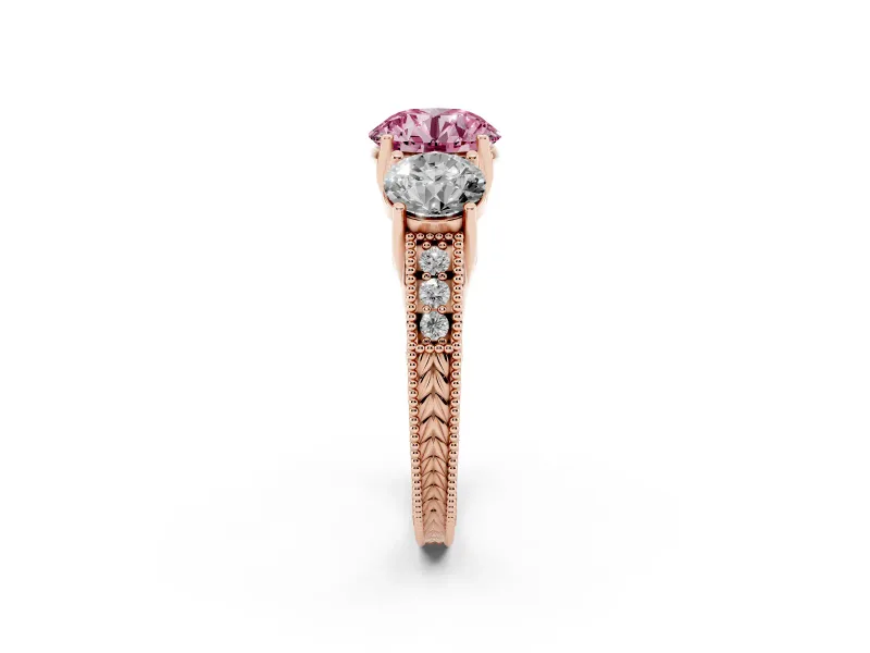 Round Vintage Three Stone Engagement Ring Setting for a Fancy Pink Lab-Grown Diamond | Rose Gold