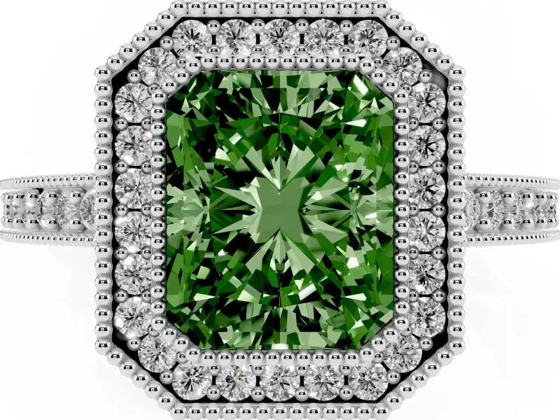 Fancy Green Radiant Cut Diamond Halo Engagement Ring Set in Platinum with Pavé Band and Round Halo Stones