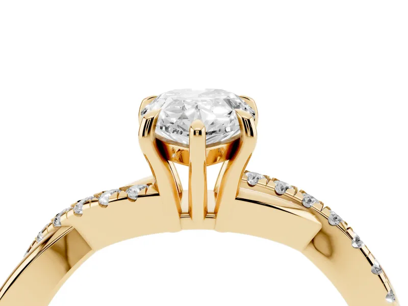 Pear-Shaped Crossover Pave Solitaire Engagement Ring Setting | Twisted Shoulders | Yellow Gold