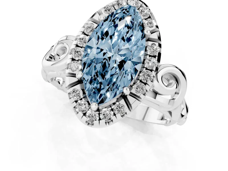 Fancy Blue Marquise Cut Diamond Halo Ring Set in White gold with Scrollwork Band and Prong Setting