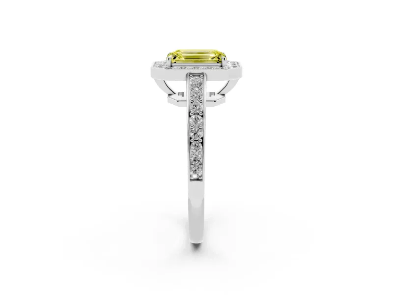 Fancy Yellow Emerald Cut Diamond Halo Pavé Engagement Ring Set in Silver with Bezel Setting