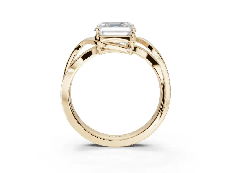 Asscher Cut Bypass Solitaire Engagement Ring Setting | Pavé and Plain Strands | Yellow Gold