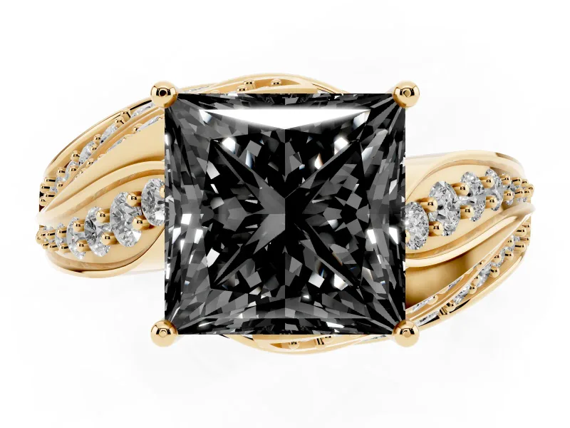 Fancy Black Princess Cut Diamond Solitaire Ring Set in Yellow gold with Layered Twist Pavé Band