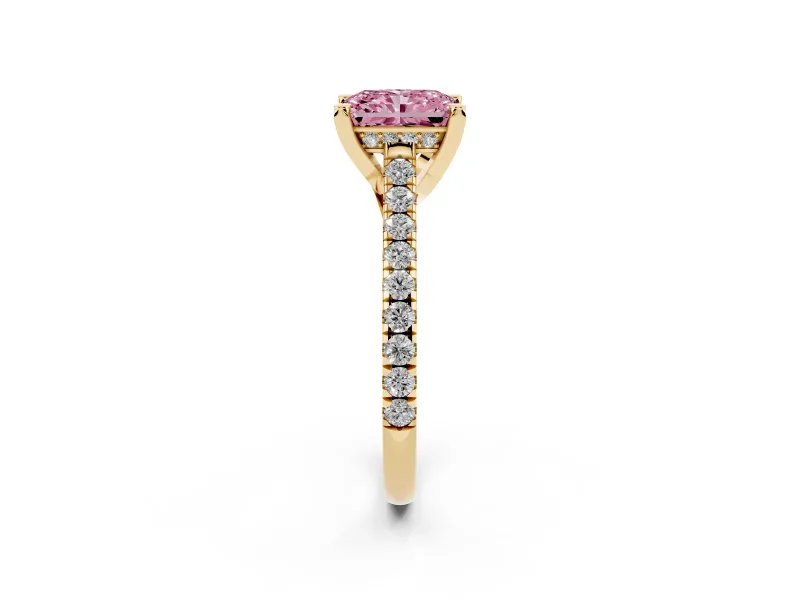 Radiant Cut Hidden Halo Pave Engagement Ring Setting for a Fancy Pink Lab-Grown Diamond | Claw Prongs | Yellow Gold