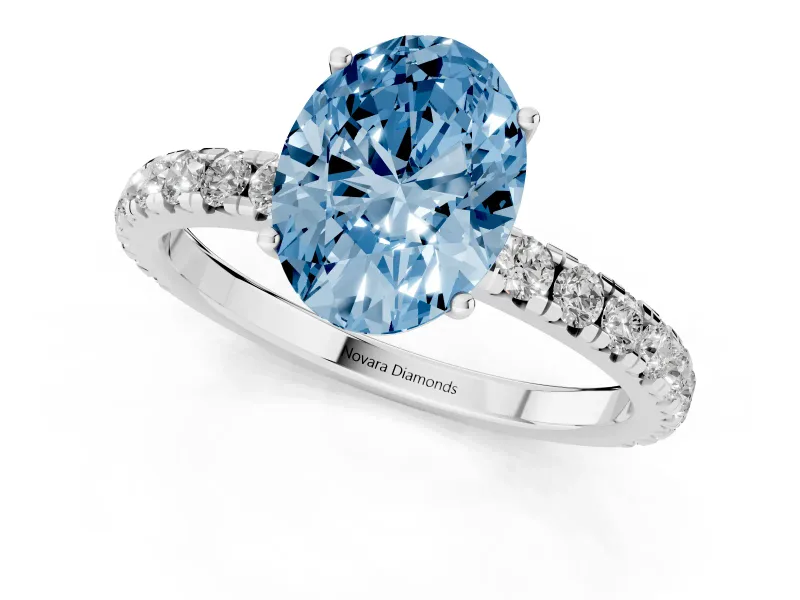 Oval Pave Solitaire Engagement Ring Setting for a Fancy Blue Lab-Grown Diamond | Shared Prong Band | White Gold