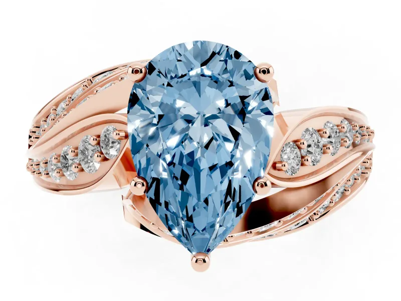 Fancy Blue Pear Cut Diamond Solitaire Ring Set in Rose gold with Layered Twist Pavé Band