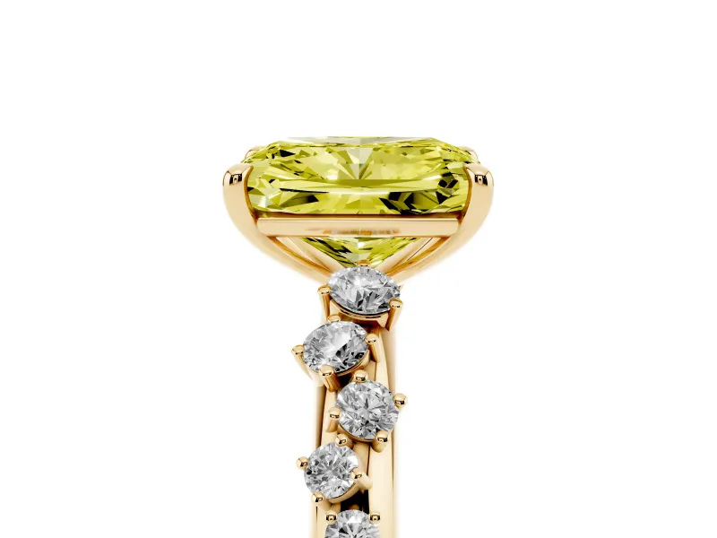 Fancy Yellow Radiant Cut Diamond Cluster Solitaire Ring Set in Yellow gold with Prong Setting