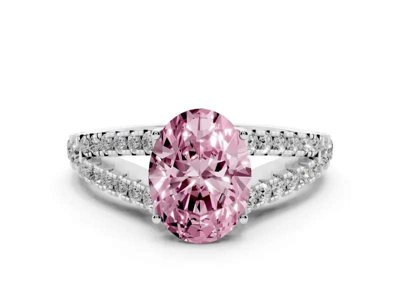 Fancy Pink Oval Cut Diamond Split Shank Pavé Engagement Ring Set in White gold with Prong-Held Center Stone