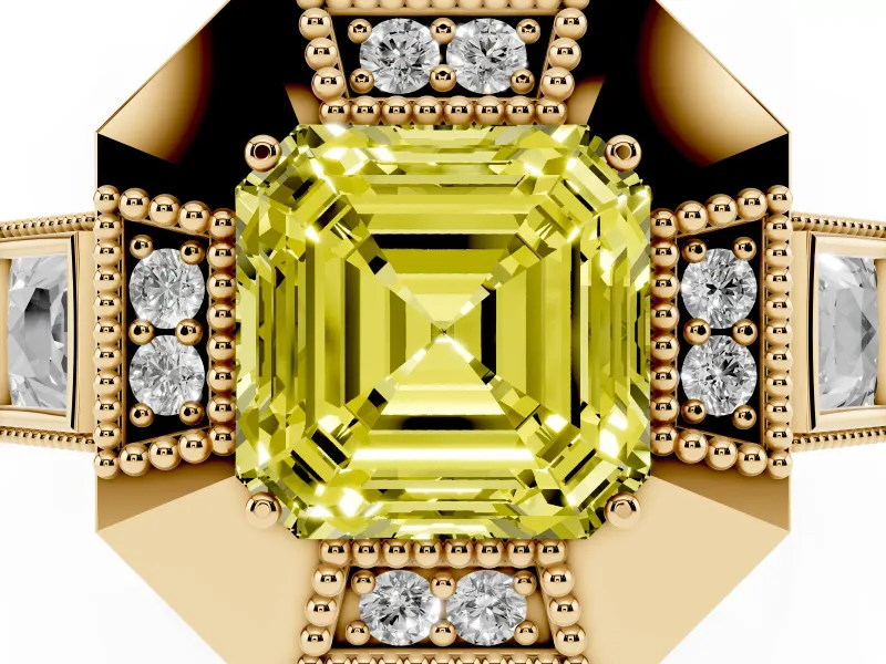 Asscher Cut Milgrain Sectioned Halo Engagement Ring Setting for a Fancy Yellow Lab-Grown Diamond | Yellow Gold