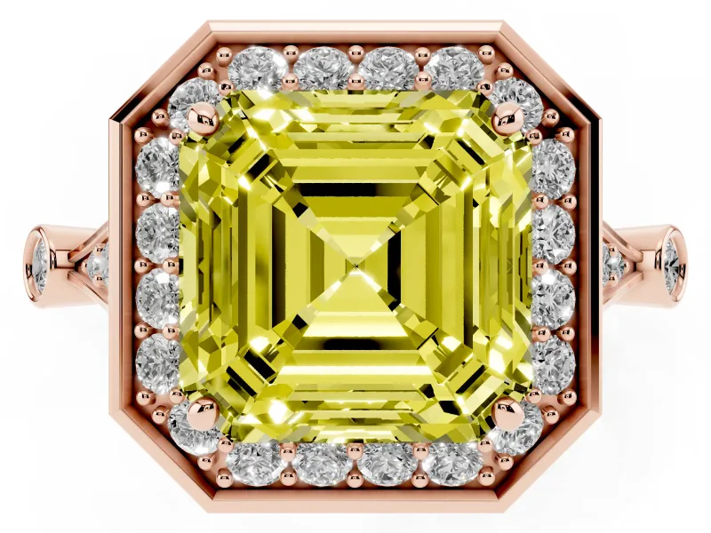 Asscher Cut Halo Engagement Ring Setting for a Fancy Yellow Lab-Grown Diamond | Bezel Station Shoulders | Rose Gold