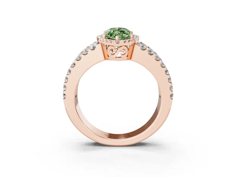 Fancy Green Marquise Cut Diamond Halo Ring Set in Rose gold with Pavé Split Shank and Prong Setting