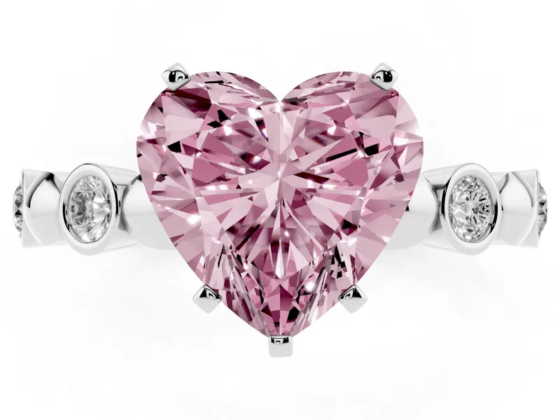 Fancy Pink Heart Cut Diamond Solitaire Ring Set in Platinum with Bezel-Set Accents on Beaded Band and Prong Setting