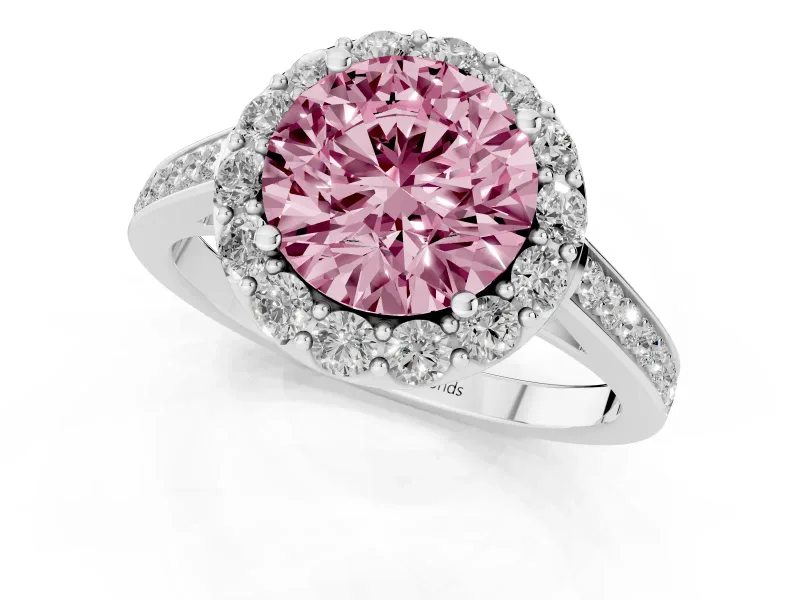 Fancy Pink Round Cut Diamond Floral Halo Ring Set in Platinum with Pavé Band and Prong Setting