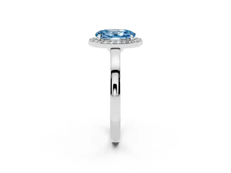 Oval Thin Halo Engagement Ring Setting for a Fancy Blue Lab-Grown Diamond | Plain Band | Platinum
