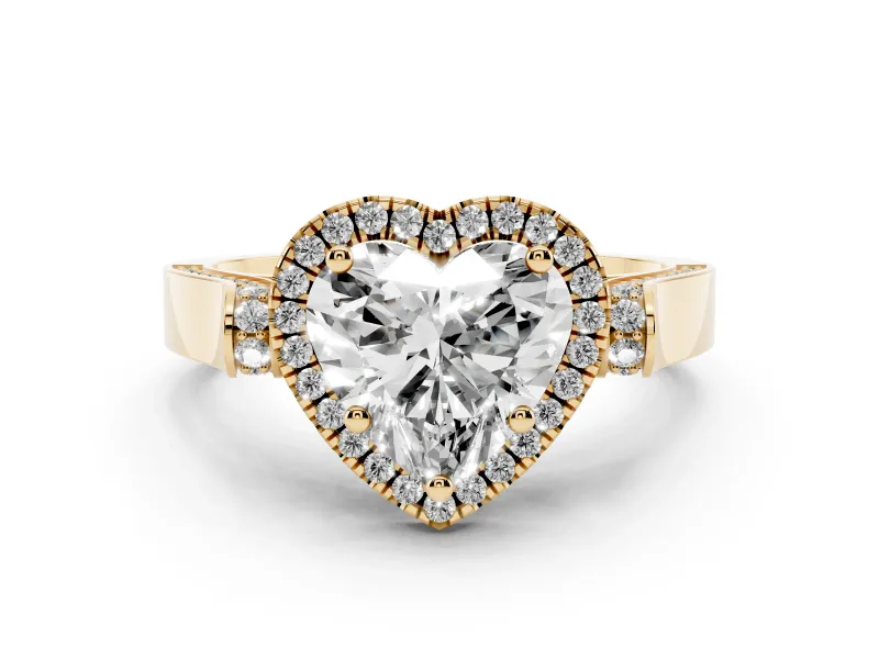 Heart Cut Diamond Halo Ring Set in Yellow gold with Twist Band and Pavé Accents