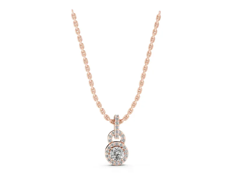 Round Lab-Grown Diamond Pavé Halo Pendant Necklace | Pavé Link and Bail | Rose Gold
