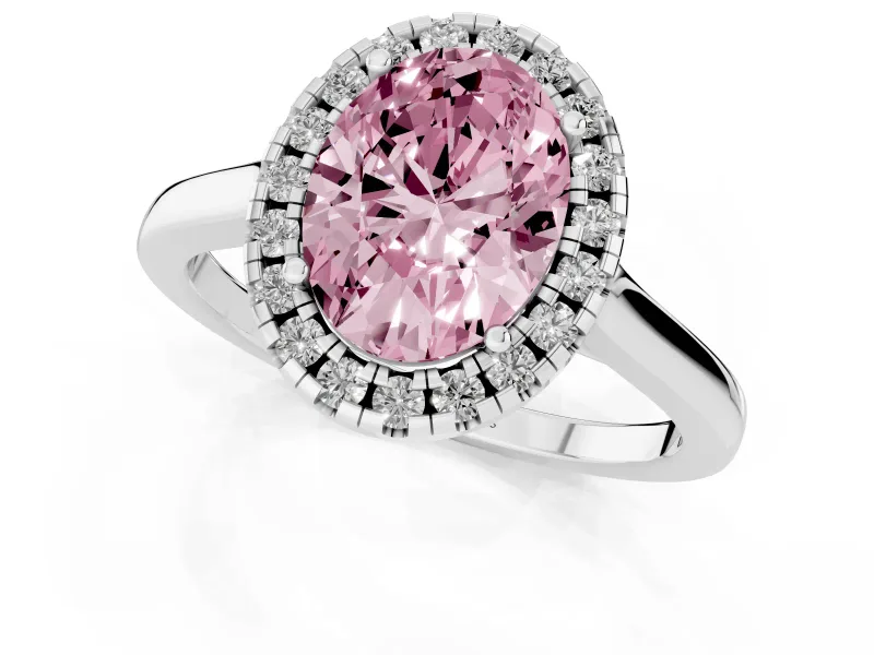 Fancy Pink Oval Cut Halo Round Diamond Solitaire Ring Set in Platinum with Pavé Band and Prong Setting