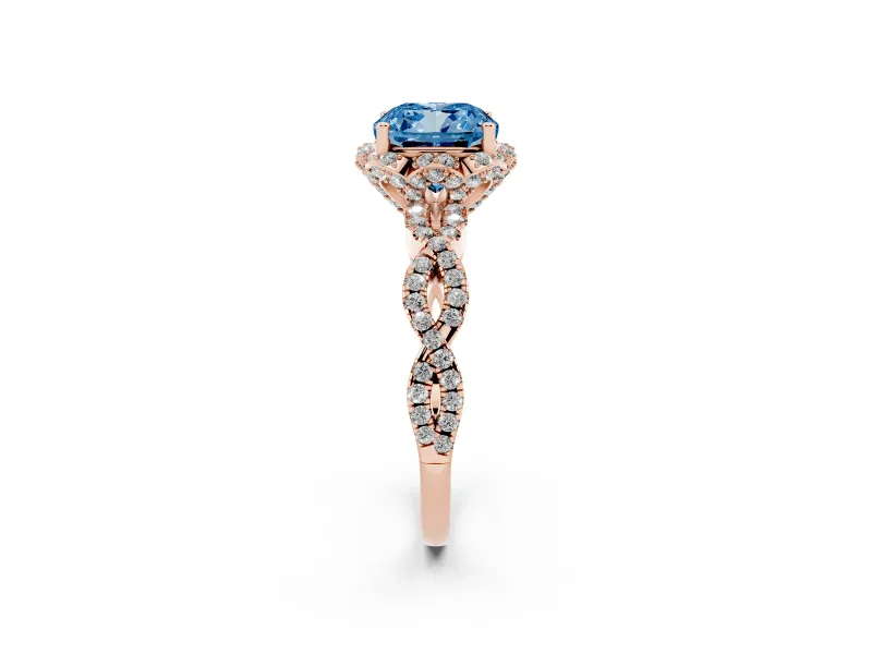 Fancy Blue Cushion Cut Diamond Halo Twist Band Solitaire Ring Set in Rose gold with Prong-Set Center Stone