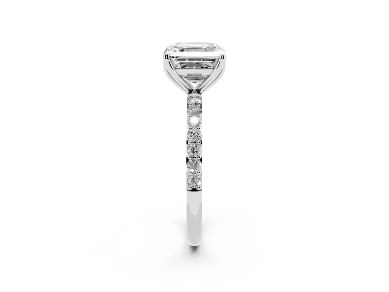 Asscher Cut Pave Solitaire Engagement Ring Setting | Fine Line Pave Band | White Gold