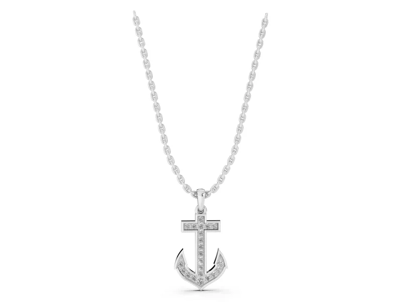 Round Lab-Grown Diamond Pavé Anchor Pendant Necklace | Pointed Flukes | Sterling Silver