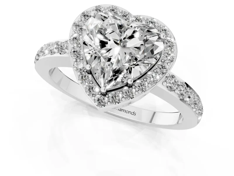 Heart Cut Diamond Halo Ring Set in Silver with Pavé-Setting Band and Open Prong Center
