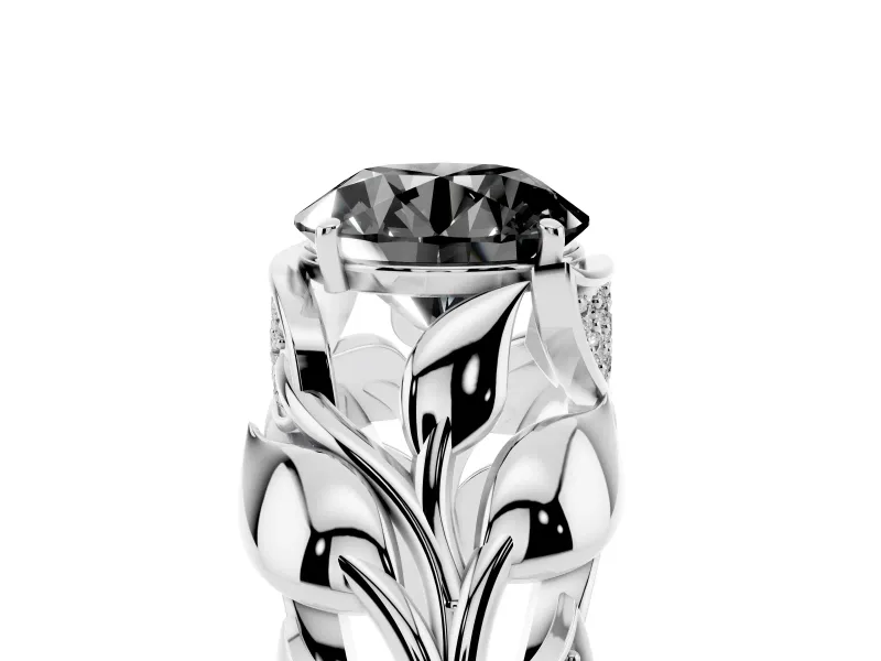 Fancy Black Round Cut Diamond Leaf-Inspired Engagement Ring Set in White gold with Round Accents