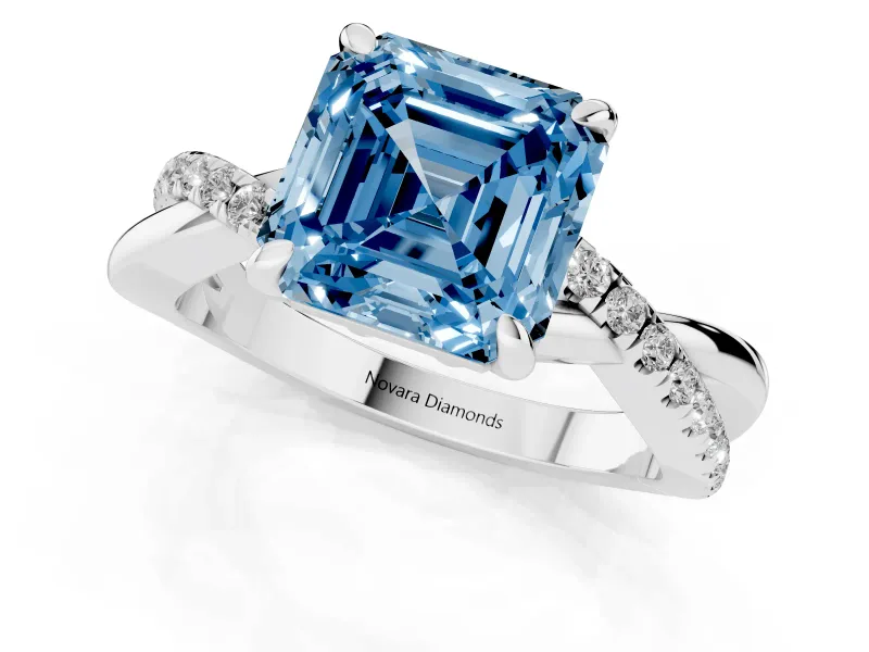 Fancy Blue Asscher Cut Diamond Twist Band Solitaire Set in Silver with Pavé Accents and Prong Setting