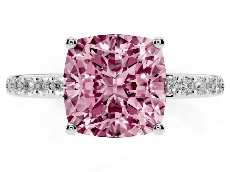 Fancy Pink Cushion Cut Diamond Pavé Band Ring Set in Silver with Prong-Set Center Stone