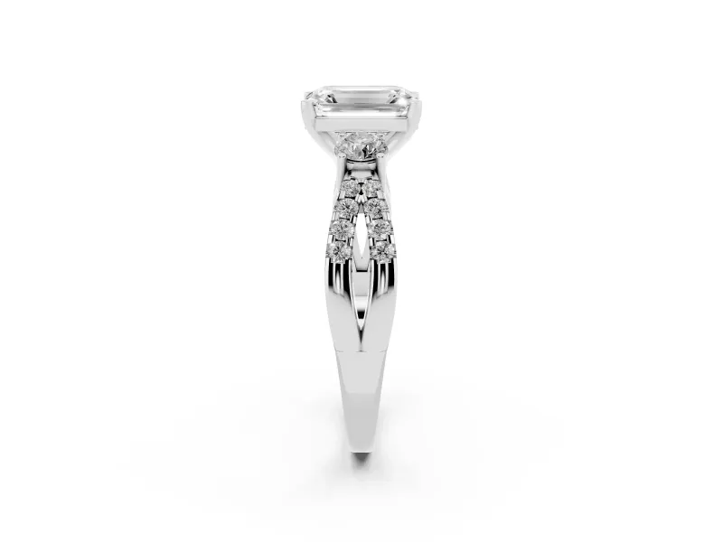 Emerald Cut Three Stone Engagement Ring Setting | Pavé Split Shank | Platinum