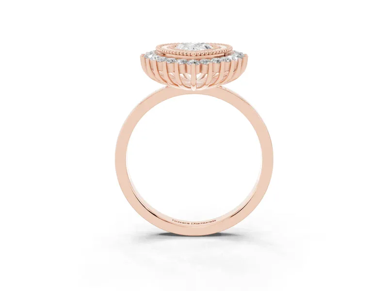 Pear Cut Diamond Halo Ring Set in Rose gold with Milgrain Edge and Round Prong Setting