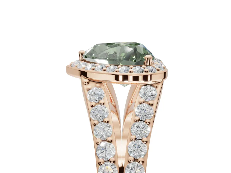 Heart-Shaped Halo Pavé Engagement Ring Setting for a Fancy Green Lab-Grown Diamond | Narrow Split Shank | Rose Gold